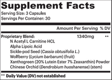 Load image into Gallery viewer, Supplement facts label showing proprietary blend with lutein, zeaxanthin, and eye health ingredients - 30 servings