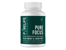 Load image into Gallery viewer, Pure Focus supplement bottle - white container with green label featuring PureLife Organics branding. Focus Performance Motivation supplement for Peak Energy & Cognition