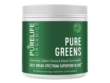 Load image into Gallery viewer, A container of Pure Greens dietary supplement by PureLife Organics, highlighting immune, detox, focus, mood, and gut health.