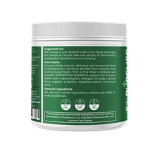 Load image into Gallery viewer, Pure Greens superfood powder jar with usage instructions and soy-free, dairy-free, GMO-free certifications - PureLife Organics immune support supplement