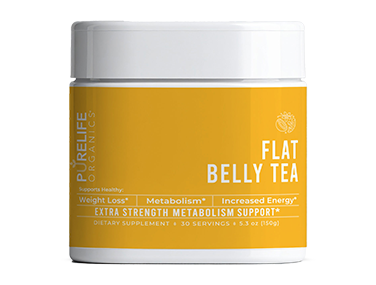 Flat Belly Tea weight loss supplement container with product label and branding
