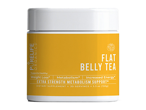 Flat Belly Tea weight loss supplement container with product label and branding