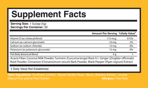 FBT Flat Belly supplement facts - 30 servings with turmeric root extract, ginger, cinnamon bark powder, black pepper extract, and coconut milk powder